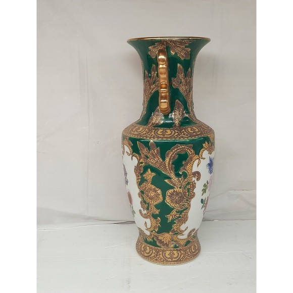 LARGE 10.5" Chinese Porcelain Vase with Gold Gilded Handles Hand Painted - Picture 4 of 10